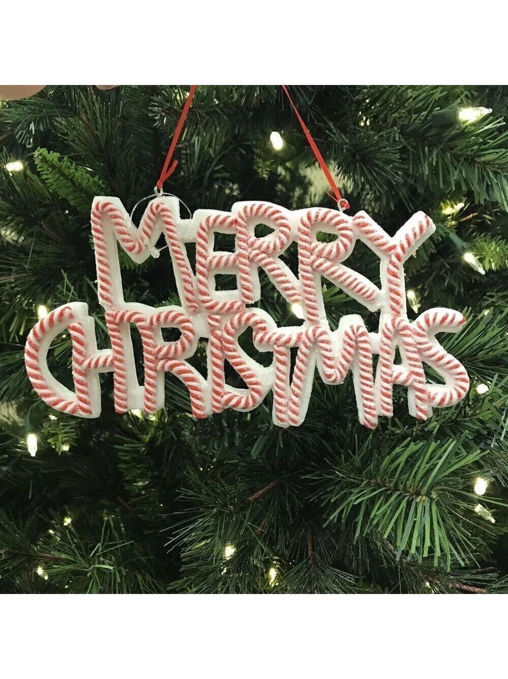 Peppermint Candy Cane Merry Christmas Sign Tree Ornament 8in Candyland Decor Red